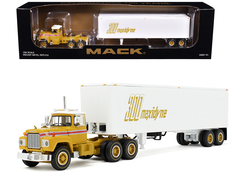 Mack R Model Day Cab and 40 Vintage Trailer Yellow with Red Stripes and White Top Mack Anniversary 1/64 Diecast Model DCP/First Gear 60-2022