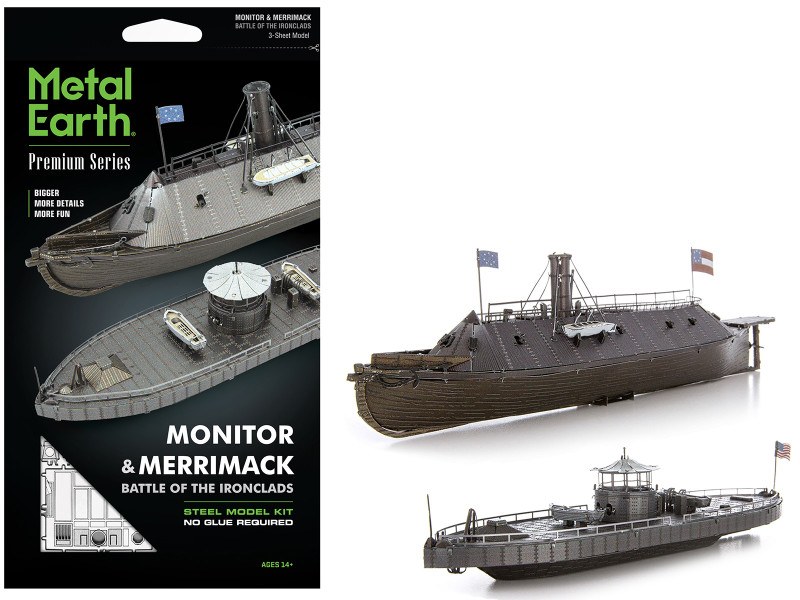 Model Kit USS Monitor and USS Merrimack Ironclad Warships Battle of the Ironclads Challenging Difficulty Steel Model by Metal Earth ICX231