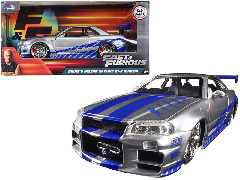 Brian's Nissan GTR Skyline R34 Silver/Blue "Fast & Furious" Movie 1/24 Diecast Model Car Jada 97158 