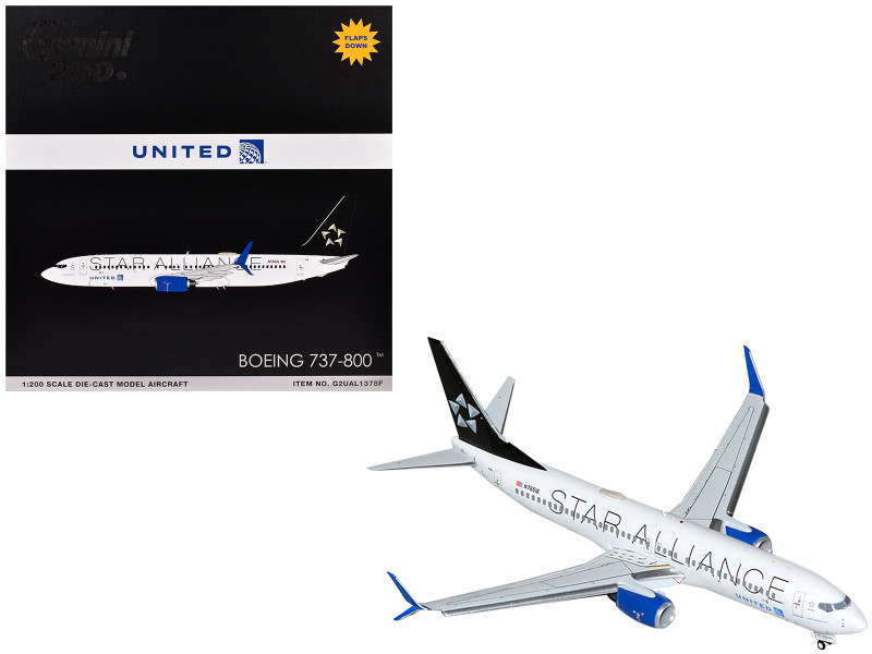 Boeing 737 800 Commercial Aircraft with Flaps Down United Airlines Star Alliance N76516 White with Black Tail Gemini 200 Series 1/200 Diecast Model Airplane GeminiJets G2UAL1378F