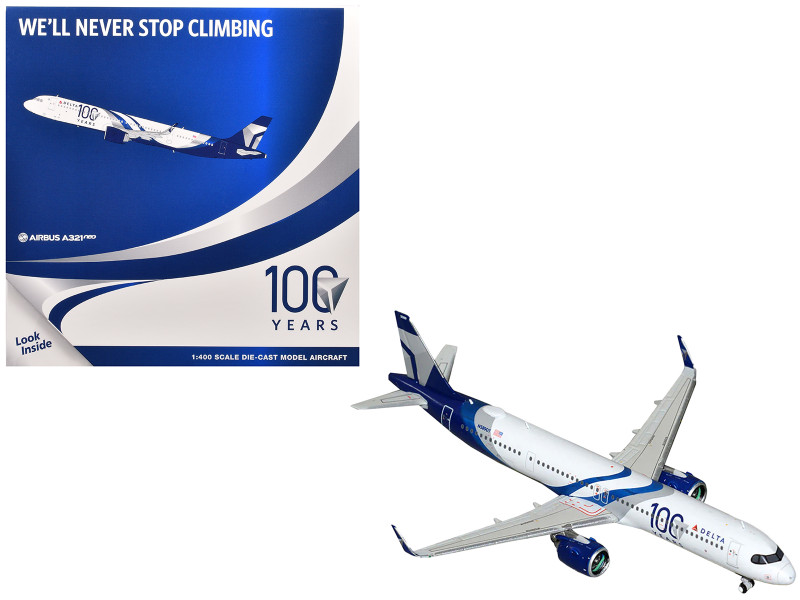 Airbus A321neo Commercial Aircraft Delta Air Lines 100 Years N589DT White and Blue with Stripes 1/400 Diecast Model Airplane GeminiJets GJ2334