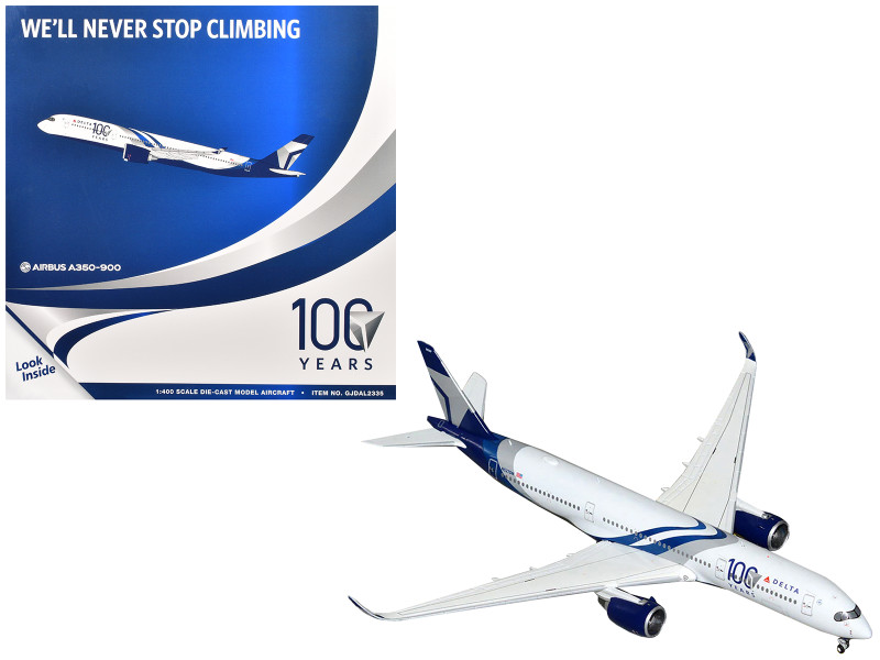 Airbus A350 900 Commercial Aircraft Delta Air Lines 100 Years N527DN White and Blue with Stripes 1/400 Diecast Model Airplane GeminiJets GJ2335