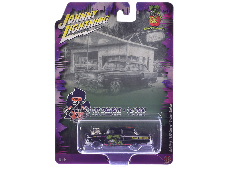 1955 Chevrolet 2 Door Sedan Rat Fink Racing Black with Graphics CTC Exclusive Series Limited Edition to 3000 pieces Worldwide 1/64 Diecast Model Car Johnny Lightning JLCP7386