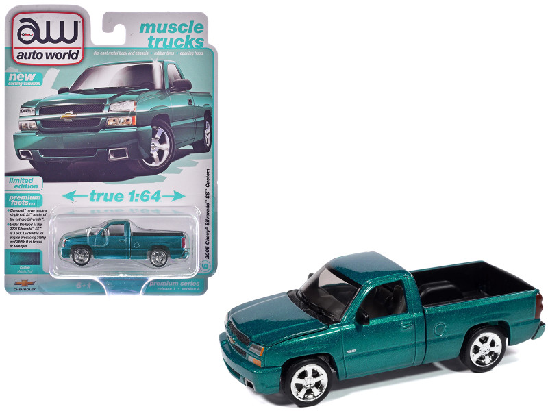 2005 Chevrolet Silverado SS Custom Pickup Truck Teal Metallic Muscle Trucks Series 1/64 Diecast Model Car Auto World 64502-AWSP190A