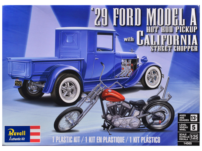 Level 5 Model Kit 1929 Ford Model A Hot Rod Pickup Truck and California Street Chopper Motorcycle 1/25 Scale Model Revell 14565