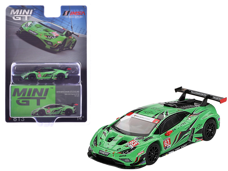 Lamborghini Huracan GT3 EVO2 #63 Mirko Bortolotti Andrea Caldarelli Romain Grosjean Jordan Pepper Iron Lynx 24 Hours of Daytona 2023 Limited Edition 1/64 Diecast Model Car Mini GT MGT00813