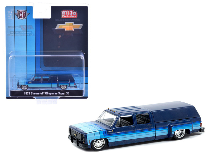 1973 Chevrolet Cheyenne Super 30 Pickup Truck with Camper Shell Blue with Stripes Limited Edition to 8500 pieces Worldwide 1/64 Diecast Model Car M2 Machines 39000-MJS04