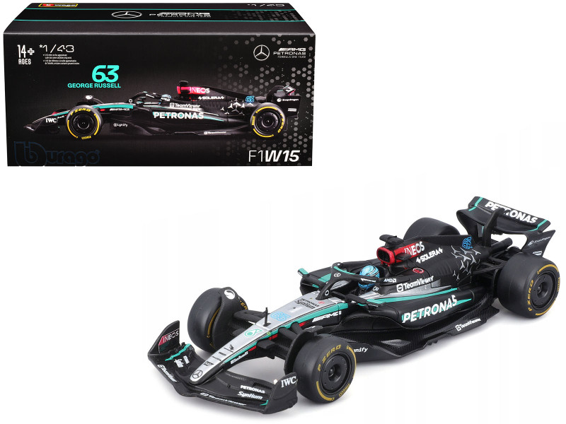 Mercedes AMG F1 W15 E Performance #63 George Russell Petronas Formula One F1 World Championship 2024 with Driver Figure and Display Case Race Series 1/43 Diecast Model Car Bburago 38209GR