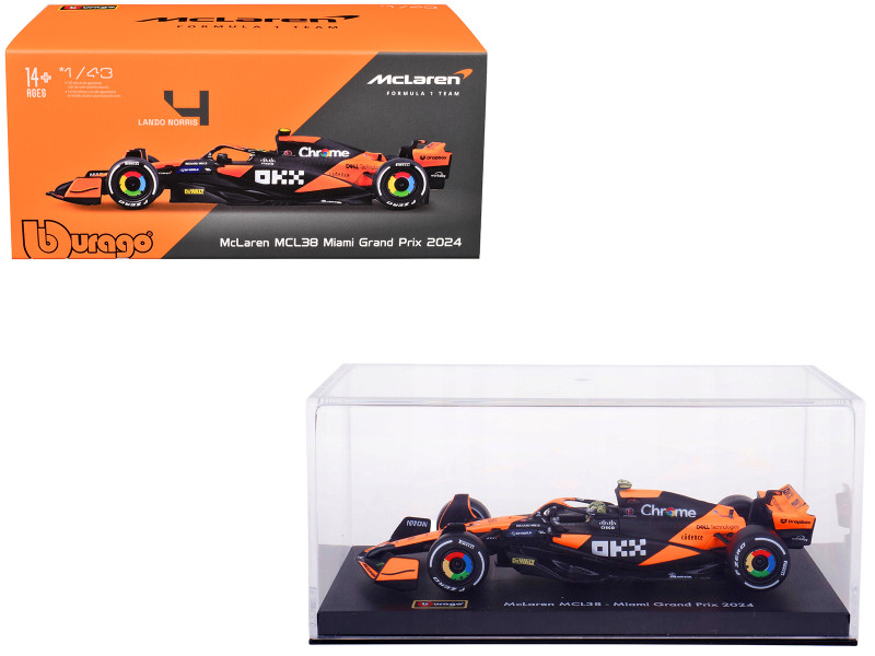 McLaren MCL38 #4 Lando Norris OKX Winner Formula One F1 Miami GP 2024 with Driver Figure and Display Case Race Series 1/43 Diecast Model Car Bburago 38215LN