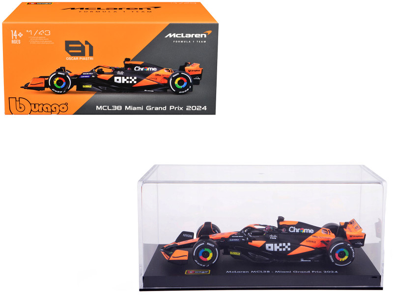 McLaren MCL38 #81 Oscar Piastri OKX Formula One F1 Miami GP 2024 with Driver Figure and Display Case Race Series 1/43 Diecast Model Car Bburago 38215OP