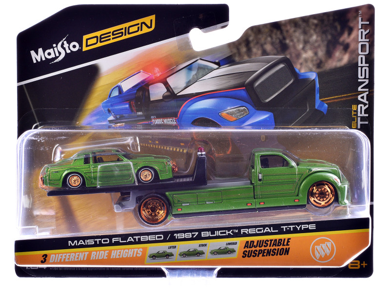 Maisto Flatbed Truck Green Metallic with Graphics and 1987 Buick Regal T Type Green Metallic with Graphics Lowriders Elite Transport Series 1/64 Diecast Models Maisto 15055-25B