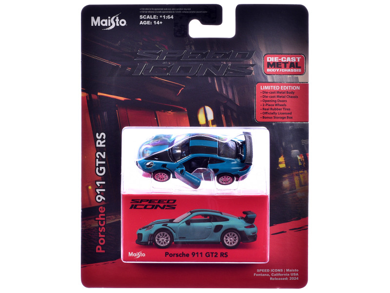 Porsche 911 GT2 RS Blue with Carbon Stripes Speed Icons Series 1/64 Diecast Model Car Maisto 15707BL