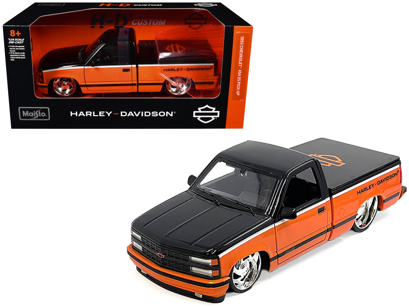 1993 Chevrolet 454 SS Pickup Truck Harley Davidson Black and Orange H D Custom Series 1/24 Diecast Model Car Maisto 32274OR