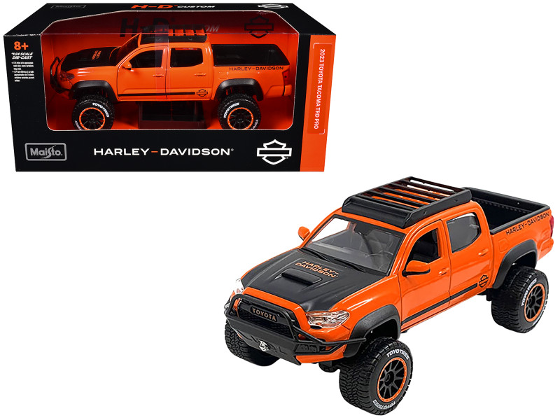 2023 Toyota Tacoma TRD Pro Pickup Truck Harley Davidson Orange and Black with Roof Rack H D Custom Series 1/24 Diecast Model Car Maisto 32275OR