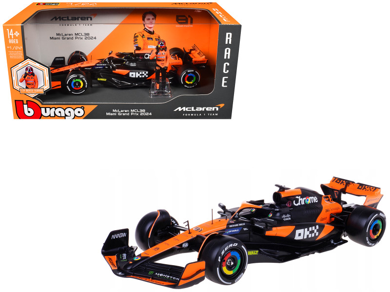 McLaren MCL38 #81 Oscar Piastri OKX Formula One F1 Miami GP 2024 with Driver Figure Race Series 1/24 Diecast Model Car Bburago 28040OP