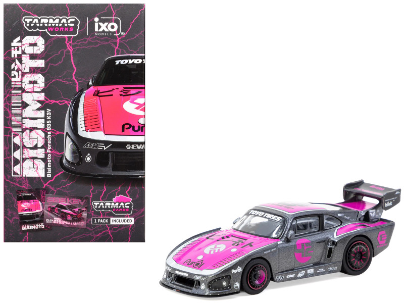 Porsche 935 K3V Bisimoto Gray Metallic with Pink Hood and Top with Tarmac Cards Hobby64 Series 1/64 Diecast Model Tarmac Works T64-079-K3V
