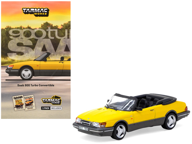 Saab 900 Turbo Convertible Yellow with Tarmac Cards Global64 Series 1/64 Diecast Model Tarmac Works T64G-067-YE