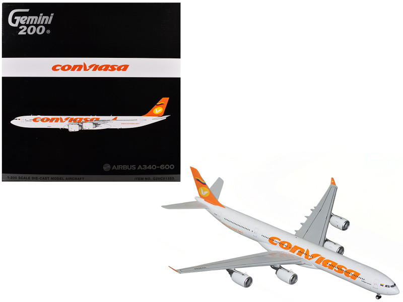 Airbus A340 600 Commercial Aircraft Linea Aerea Conviasa YV3545 White with Orange Tail Gemini 200 Series 1/200 Diecast Model Airplane GeminiJets G2VCV1355