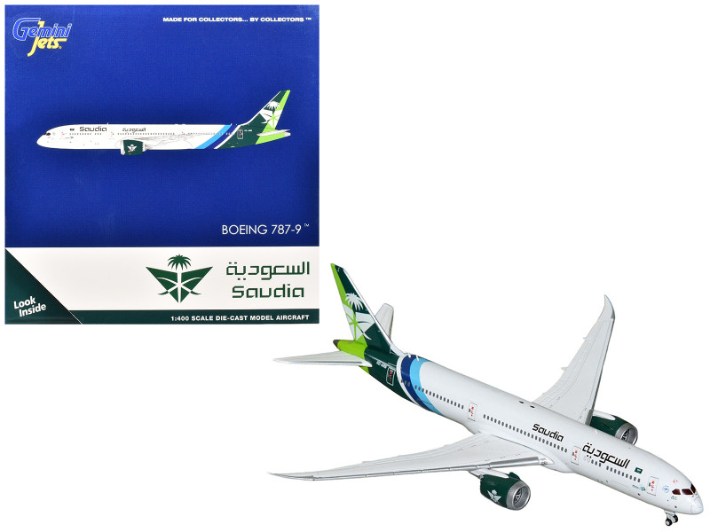 Boeing 787 9 Commercial Aircraft Saudia Airline HZ ARB White with Tail Graphics 1/400 Diecast Model Airplane GeminiJets GJ2310