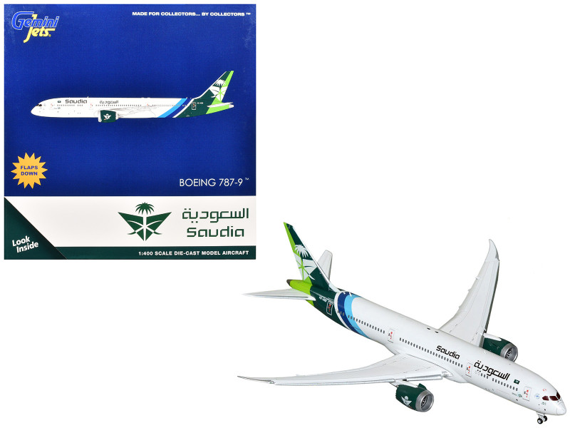 Boeing 787 9 Commercial Aircraft with Flaps Down Saudia Airline HZ ARB White with Tail Graphics 1/400 Diecast Model Airplane GeminiJets GJ2310F