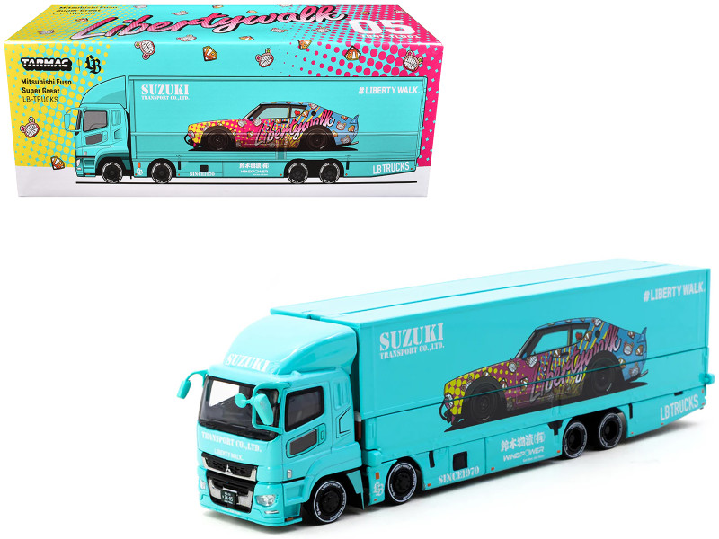 Mitsubishi Fuso Truck with Transporter Liberty Walk Suzuki Transport Light Blue with Graphics Truck64 Series 1/64 Diecast Model Car Tarmac Works T64T-TL001-LBS