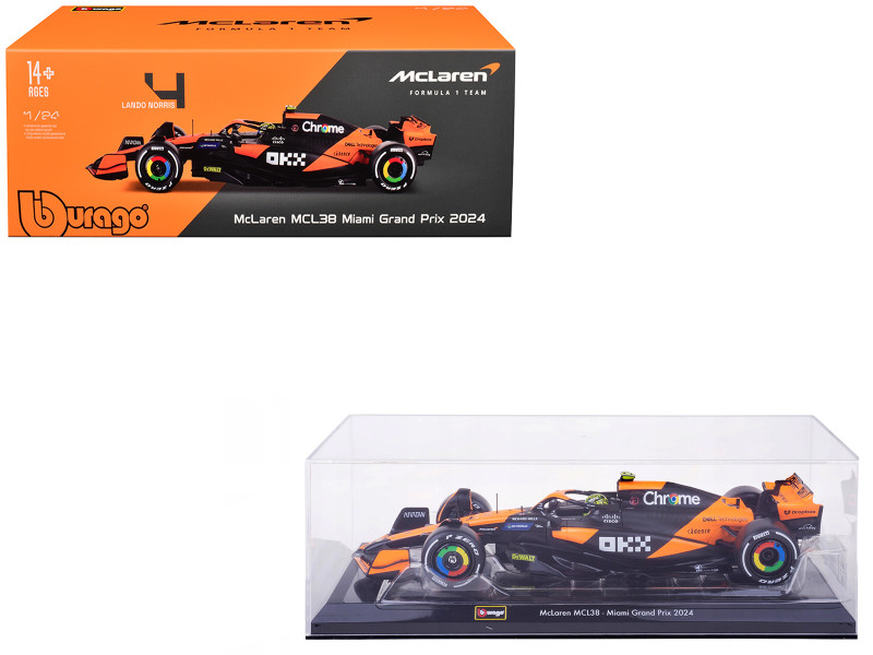 McLaren MCL38 #4 Lando Norris OKX Winner Formula One F1 Miami GP 2024 with Display Case 1/24 Diecast Model Car Bburago 28033LN