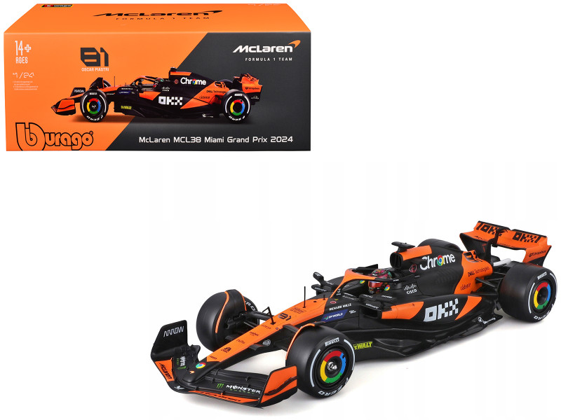 McLaren MCL38 #81 Oscar Piastri OKX Formula One F1 Miami GP 2024 with Display Case 1/24 Diecast Model Car Bburago 28033OP