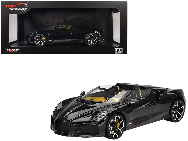 Bugatti W16 Mistral Black with Yellow Interior 1/18 Model Car Top Speed TS0597