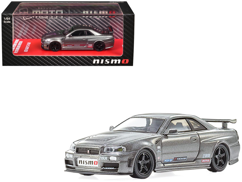Nissan Skyline GT R Nismo BNR34 RHD Right Hand Drive Gray Metallic 1/64 Diecast Model Car Kyosho 07130LGR