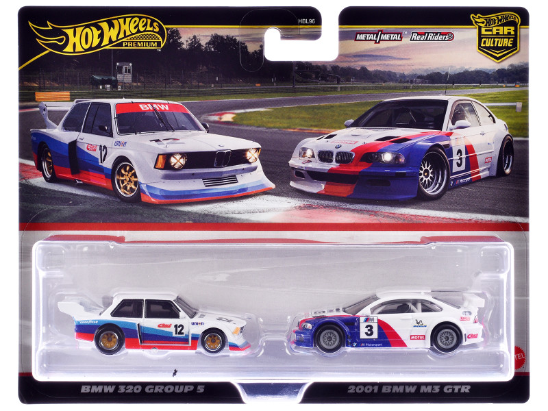BMW 320 Group 5 #12 White with Stripes and 2001 BMW M3 GTR #3 White with Stripes Car Culture Set of 2 Cars Diecast Model Cars Hot Wheels JBK99