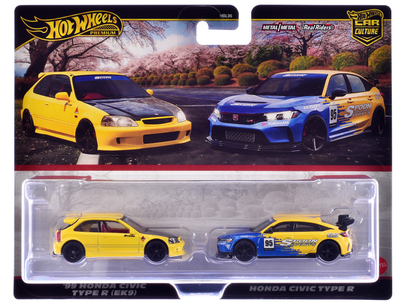 1999 Honda Civic Type R EK9 RHD Right Hand Drive Yellow with Red Interior and Honda Civic Type R #95 Spoon Sports Blue and Yellow Car Culture Set of 2 Cars Diecast Model Cars Hot Wheels JBL00