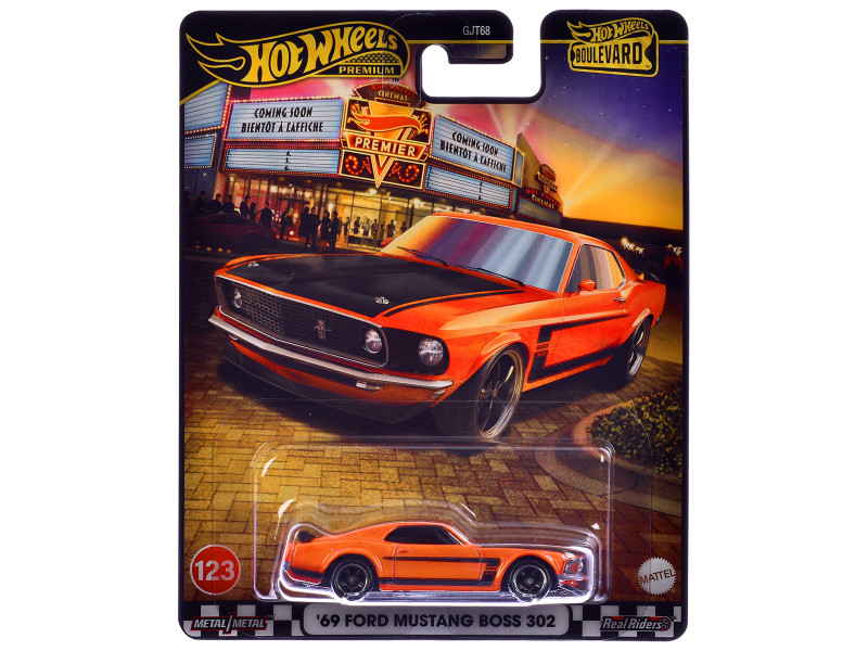1969 Ford Mustang Boss 302 Orange with Black Stripes and Hood Boulevard Series Diecast Model Car Hot Wheels JBL20