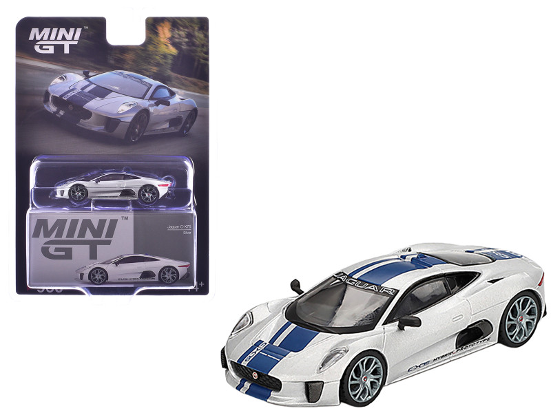 Jaguar C X75 Silver Metallic with Blue Stripes Limited Edition 1/64 Diecast Model Car Mini GT MGT00960