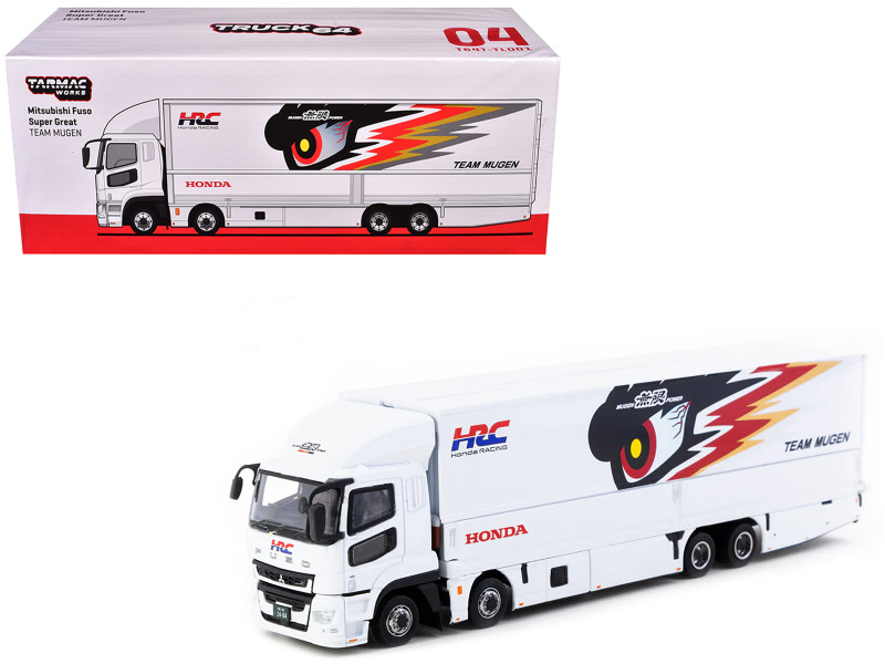 Mitsubishi Fuso Truck with Transporter Team MUGEN HRC White with Graphics Truck64 Series 1/64 Diecast Model Car Tarmac Works T64T-TL001-MU