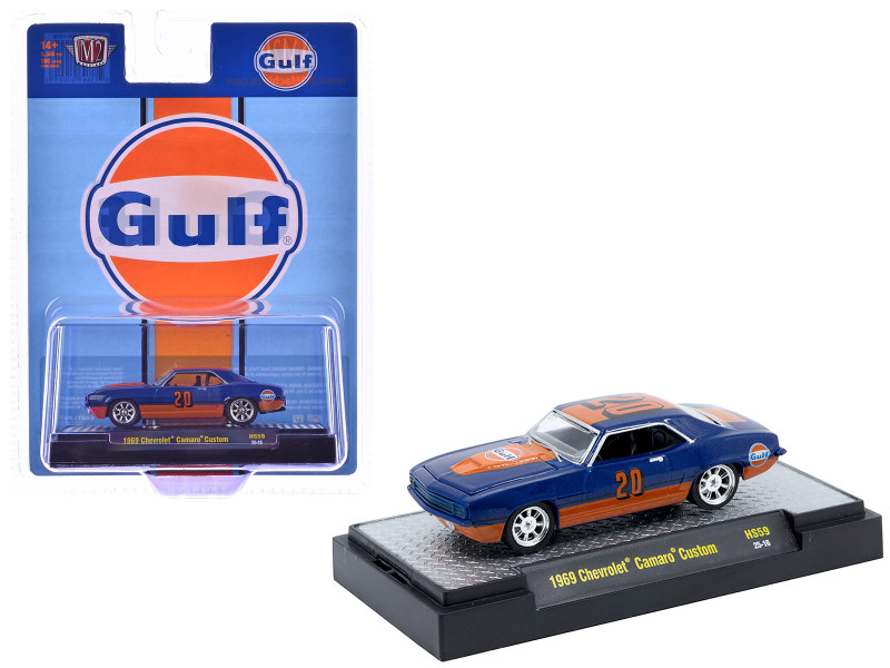 1969 Chevrolet Camaro Custom #20 Gulf Oil Dark Blue and Orange Limited Edition to 5500 pieces Worldwide 1/64 Diecast Model Car M2 Machines 31500-HS59