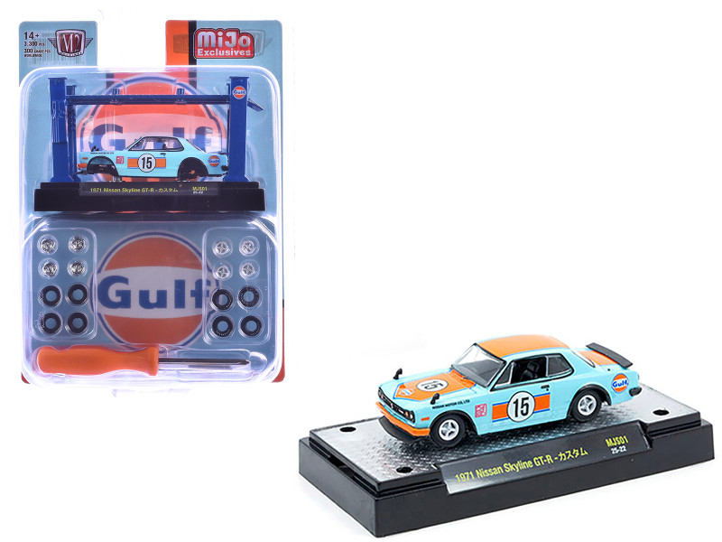 1971 Nissan Skyline GT R RHD Right Hand Drive #15 Gulf Oil Light Blue and Orange Auto Lifts Series Limited Edition to 3300 pieces Worldwide 1/64 Diecast Model Car M2 Machines 37000-MJS01