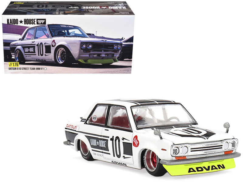 Datsun 510 Street #10 Team XMM V1 White with Black Stripes Designed by Jun Imai Kaido House Special 1/64 Diecast Model Car by Mini GT KHMG176