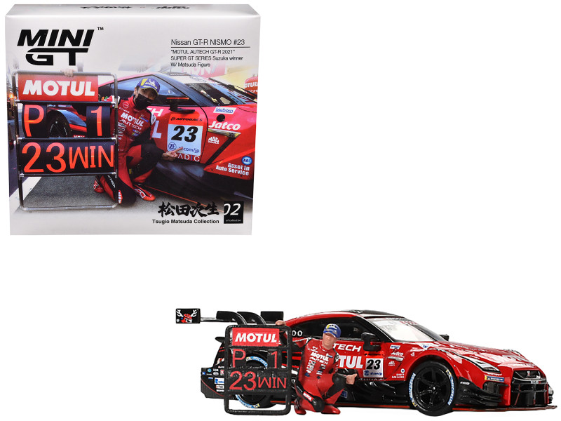 Nissan GT R NISMO #23 Tsugio Matsuda Ronnie Quintarelli MOTUL AUTECH Winner Suzuka Super GT Series 2021 with Matsuda Figure Limited Edition 1/64 Diecast Model Car Mini GT MGT00875