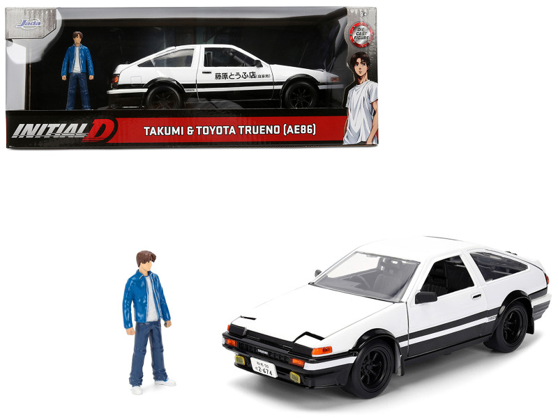 Toyota Trueno AE86 RHD Right Hand Drive White and Black with Graphics and Takumi Diecast Figure Initial D 1998 2021 TV Series Anime Hollywood Rides Series 1/24 Diecast Model Jada 34501