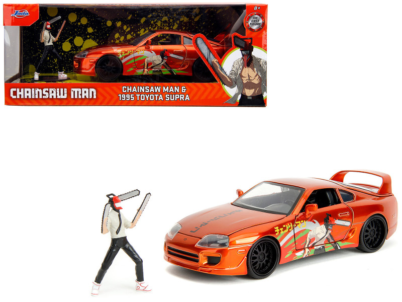 1995 Toyota Supra Orange Metallic with Graphics and Chainsaw Man Diecast Figure Chainsaw Man 2022 TV Series Anime Hollywood Rides Series 1/24 Diecast Model Jada 35181