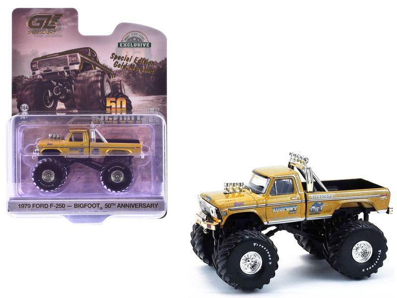 1979 Ford F 250 Monster Truck Bigfoot #1 50th Anniversary Gold Metallic Hobby Exclusive Series 1/64 Diecast Model Car Greenlight GL30552