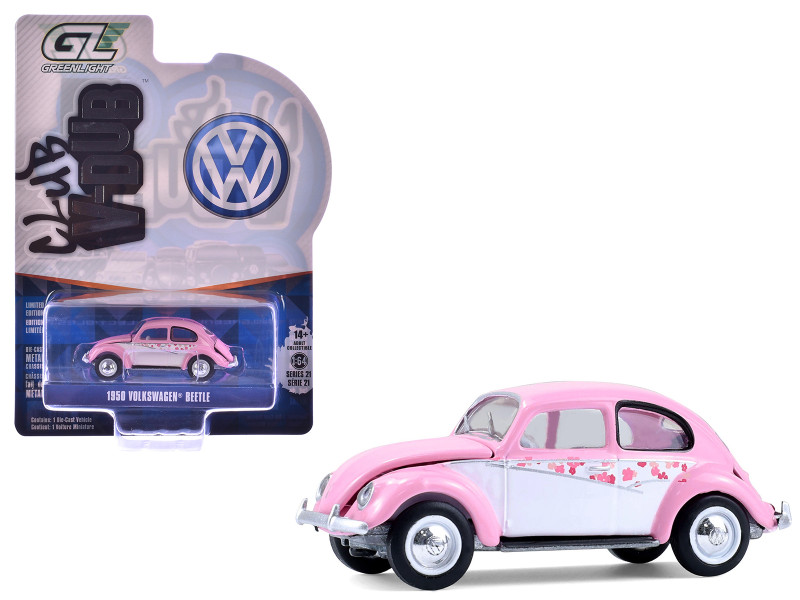 1950 Volkswagen Beetle Botanical Beetle Pink and White with Graphics Club Vee Dub Series 21 1/64 Diecast Model Car Greenlight 36120A