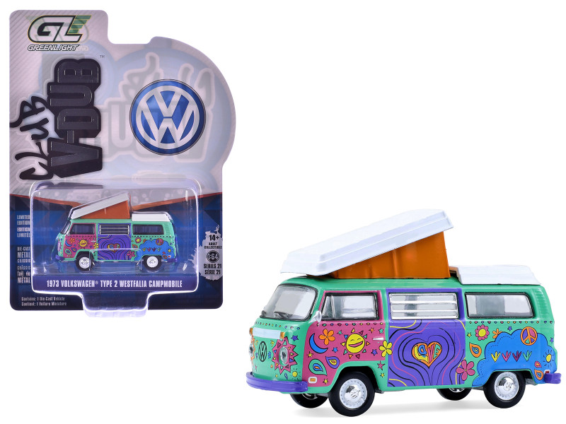 1973 Volkswagen Type 2 Westfalia Campmobile Music Festival Van Green with White Top and Graphics Club Vee Dub Series 21 1/64 Diecast Model Car Greenlight 36120C