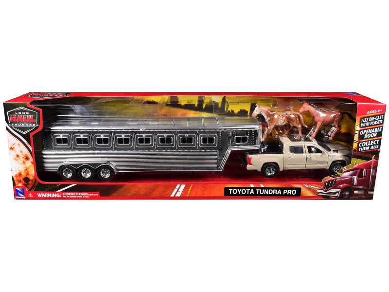 Toyota Tundra Pro Pickup Truck Beige with Horse Trailer Chrome and Horse Figures Long Haul Truckers Series 1/32 Diecast Model New Ray SS-19533