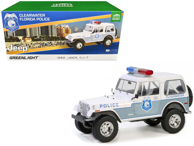 1982 Jeep CJ 7 Clearwater Florida Police Department White and Light Blue Artisan Collection Series 1/18 Diecast Model Car Greenlight 19140