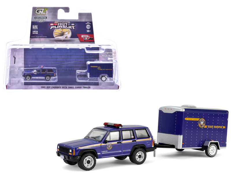 2001 Jeep Cherokee New York State Police Blue with Yellow Stripes and Small Cargo Trailer Hot Pursuit Hitch & Tow Series 1 1/64 Diecast Model Cars Greenlight 32315B