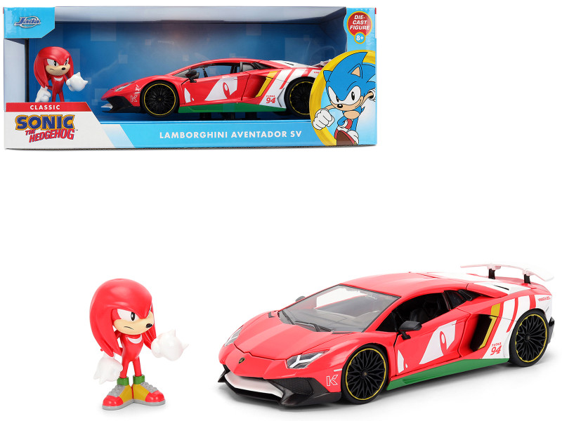 Lamborghini Aventador SV Red with Graphics and Knuckles Diecast Figure Sonic The Hedgehog Franchise Hollywood Rides Series 1/24 Diecast Model Jada 36264