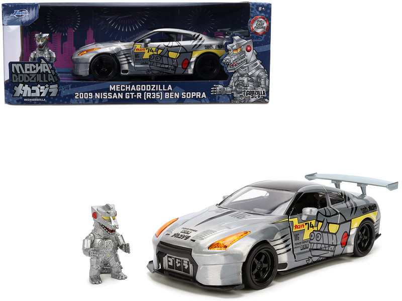 2009 Nissan GT R R35 Ben Sopra Brushed Metal with Black Top and Graphics and Mechagodzilla Diecast Figure Godzilla Franchise Anime Hollywood Rides Series 1/24 Diecast Model Jada 36285
