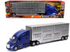 Kenworth T680 Truck Blue Metallic with Livestock Trailer Chrome Long Haul Trucker Series 1/32 Diecast Model New Ray 12533