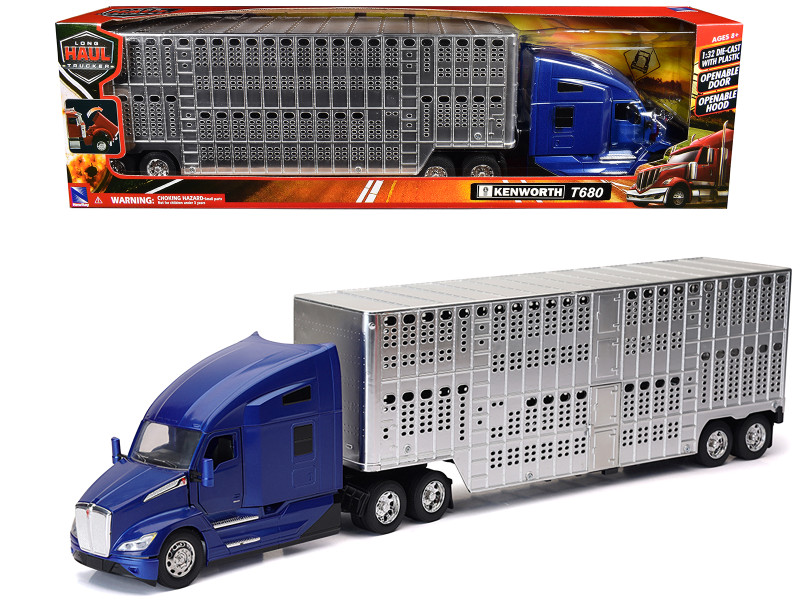 Kenworth T680 Truck Blue Metallic with Livestock Trailer Chrome Long Haul Trucker Series 1/32 Diecast Model New Ray 12533